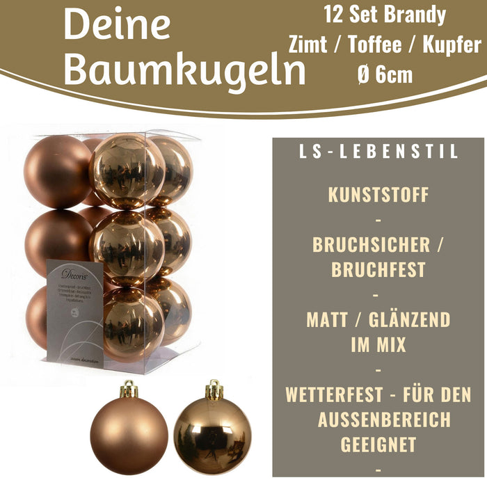 KI-generiertes Bild,12 Design Weihnachtskugeln 6cm Brandy Set Kunststoff Weihnachtsbaum-Deko