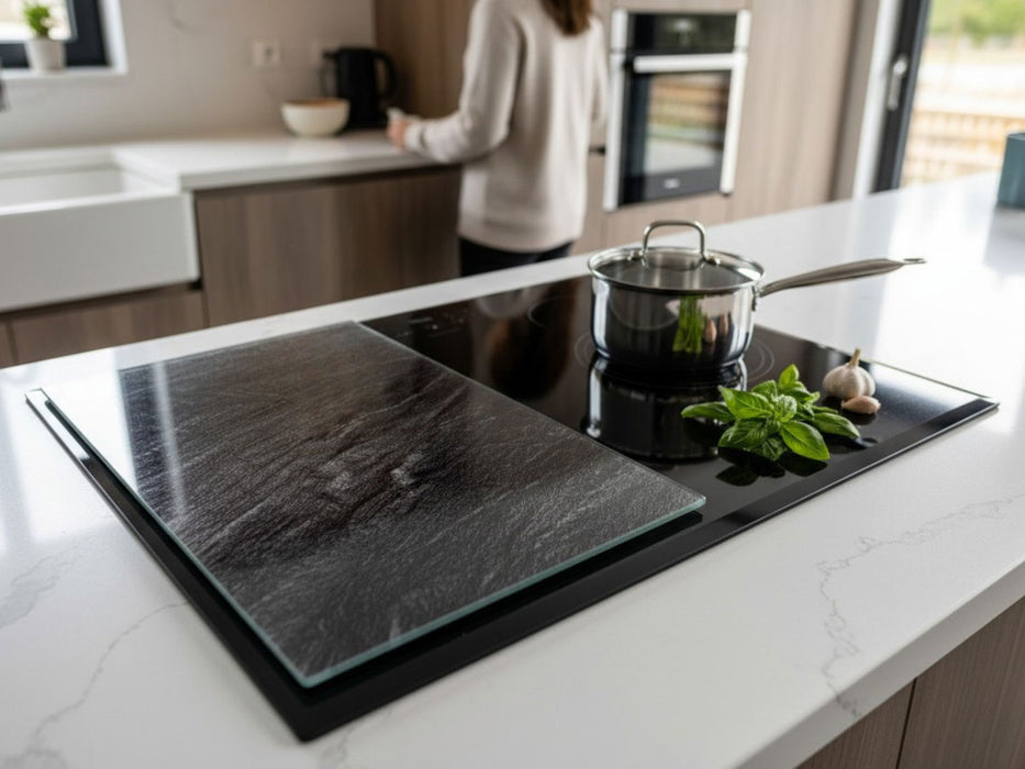 KI-generiertes Bild,2´er Set Glas Herdabdeckplatten Schiefer 52x30cm Glasschneidebrett Schneidebrett