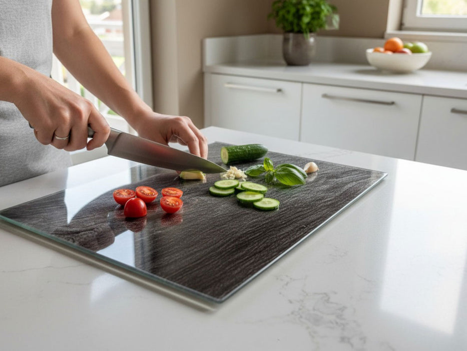 KI-generiertes Bild,2´er Set Glas Herdabdeckplatten Schiefer 52x30cm Glasschneidebrett Schneidebrett