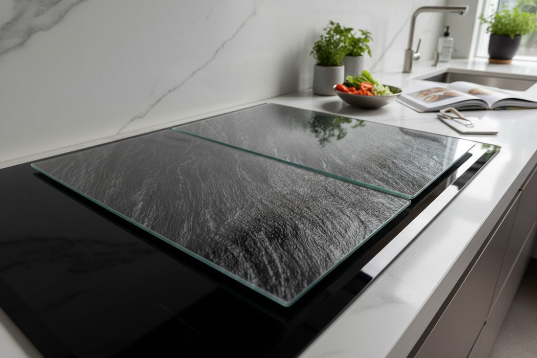 KI-generiertes Bild,2´er Set Glas Herdabdeckplatten Schiefer 52x30cm Glasschneidebrett Schneidebrett