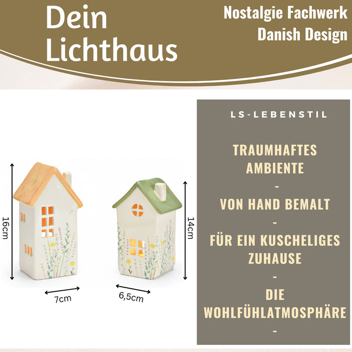 KI-generiertes Bild,Teelichthaus Lichterhaus Nyhavn 16cm Set Grün Keramik Fachwerkhaus Teelichthalter