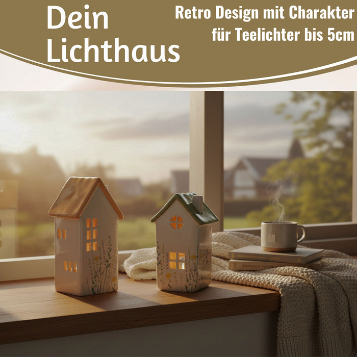 KI-generiertes Bild,Teelichthaus Lichterhaus Nyhavn 16cm Set Grün Keramik Fachwerkhaus Teelichthalter