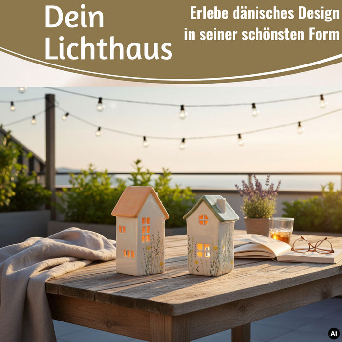 KI-generiertes Bild,Teelichthaus Lichterhaus Nyhavn 16cm Set Grün Keramik Fachwerkhaus Teelichthalter