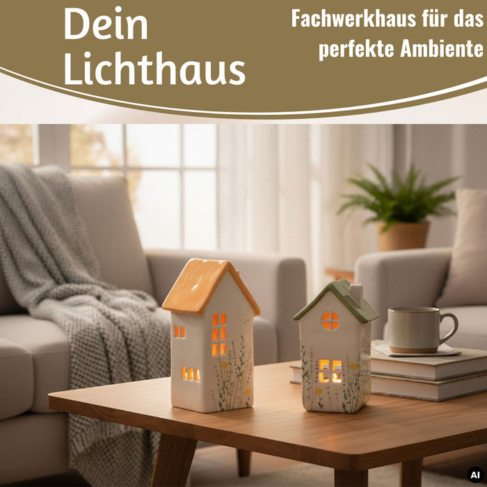 KI-generiertes Bild,Teelichthaus Lichterhaus Nyhavn 16cm Set Grün Keramik Fachwerkhaus Teelichthalter