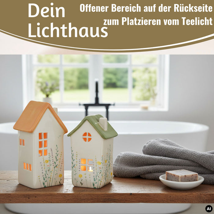 KI-generiertes Bild,Teelichthaus Lichterhaus Nyhavn 16cm Set Grün Keramik Fachwerkhaus Teelichthalter