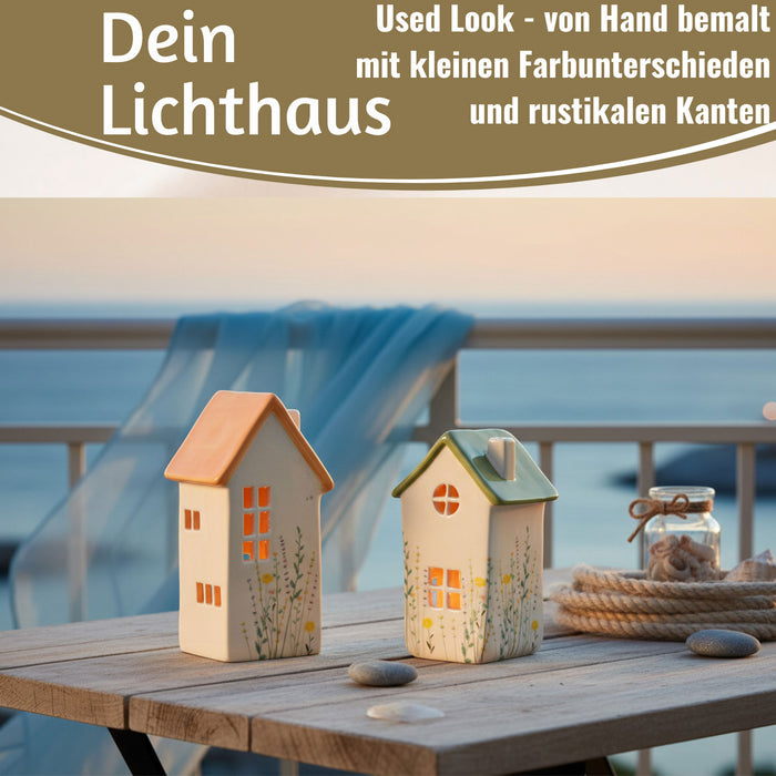 KI-generiertes Bild,Teelichthaus Lichterhaus Nyhavn 16cm Set Grün Keramik Fachwerkhaus Teelichthalter