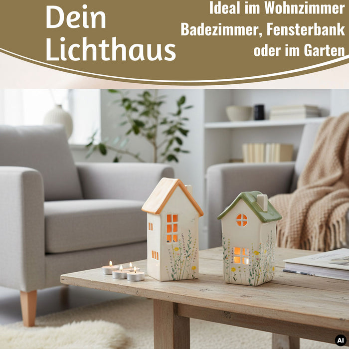 KI-generiertes Bild,Teelichthaus Lichterhaus Nyhavn 16cm Set Grün Keramik Fachwerkhaus Teelichthalter