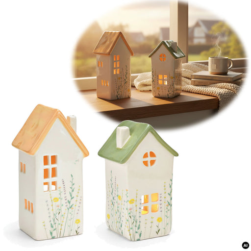KI-generiertes Bild Teelichthaus Lichterhaus Nyhavn 16cm Set Grün Keramik Fachwerkhaus Teelichthalter
