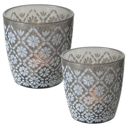 KI-generiertes Bild,2x Glas Teelichthalter Retro Grau 7-9cm Blume Set Windlicht-Halter Kerzenständer