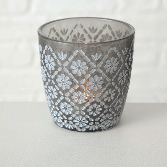 KI-generiertes Bild,2x Glas Teelichthalter Retro Grau 7-9cm Blume Set Windlicht-Halter Kerzenständer
