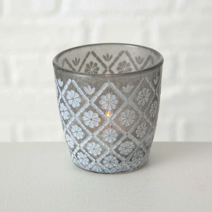 KI-generiertes Bild,2x Glas Teelichthalter Retro Grau 7-9cm Blume Set Windlicht-Halter Kerzenständer