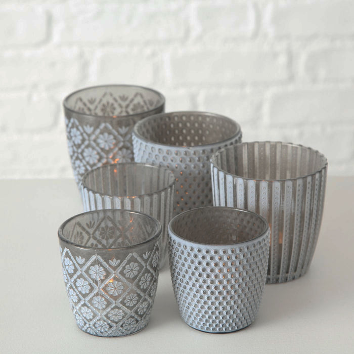KI-generiertes Bild,2x Glas Teelichthalter Retro Grau 7-9cm Punkte Set Windlicht-Halter Kerzenständer