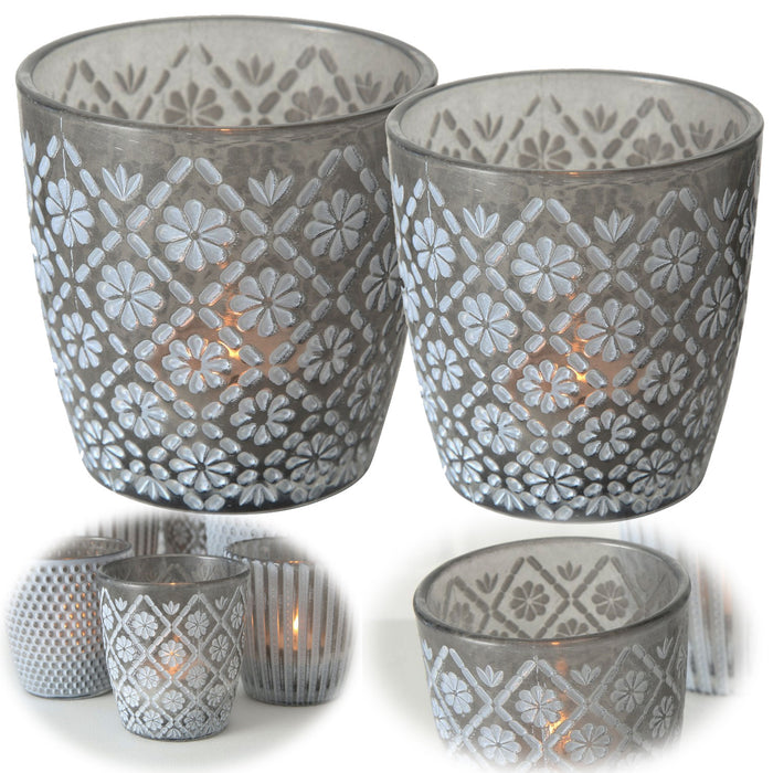 KI-generiertes Bild 2x Glas Teelichthalter Retro Grau 7-9cm Blume Set Windlicht-Halter Kerzenständer