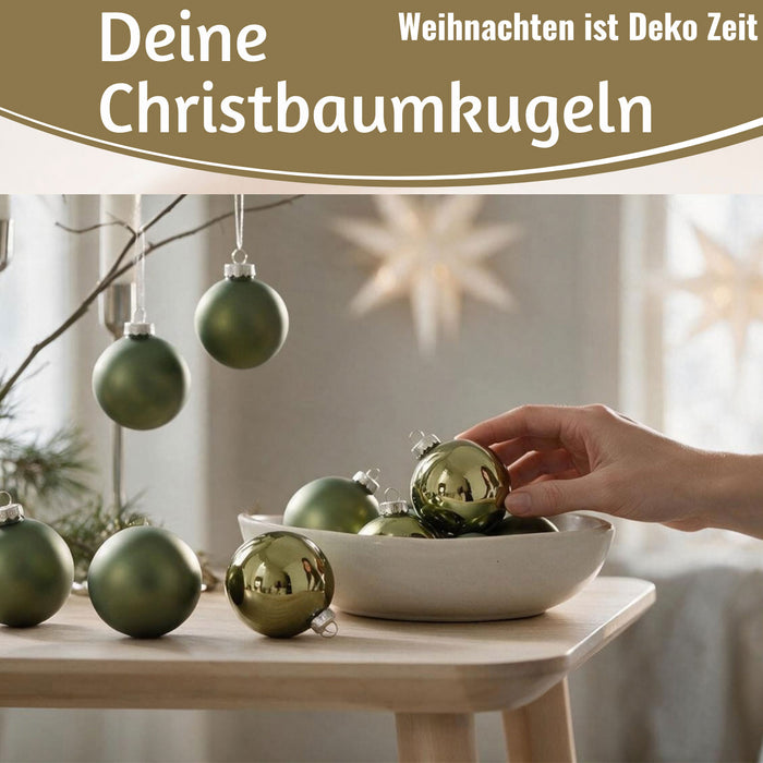 KI-generiertes Bild,18-20 Design Glas Weihnachtskugeln 6cm Grün Rosmarin Christbaum Dekokugel