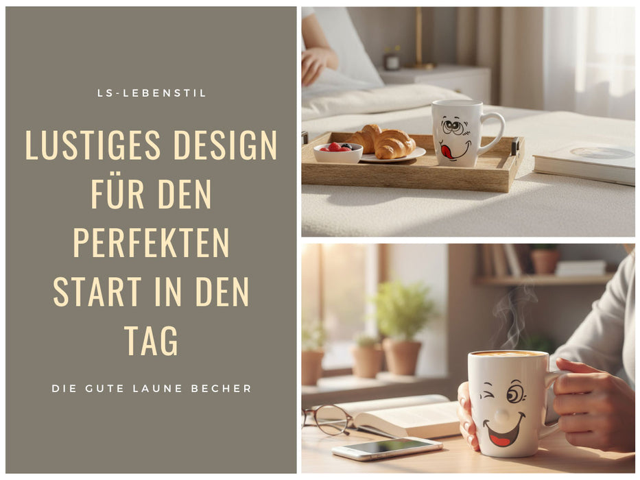 KI-generiertes Bild,3 Kaffeebecher Smiley 300ml Set lustige witzige Henkelbecher Kaffeetasse