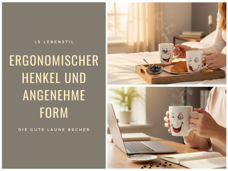 KI-generiertes Bild,3 Kaffeebecher Smiley 300ml Set lustige witzige Henkelbecher Kaffeetasse