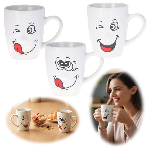 KI-generiertes Bild 3 Kaffeebecher Smiley 300ml Set lustige witzige Henkelbecher Kaffeetasse