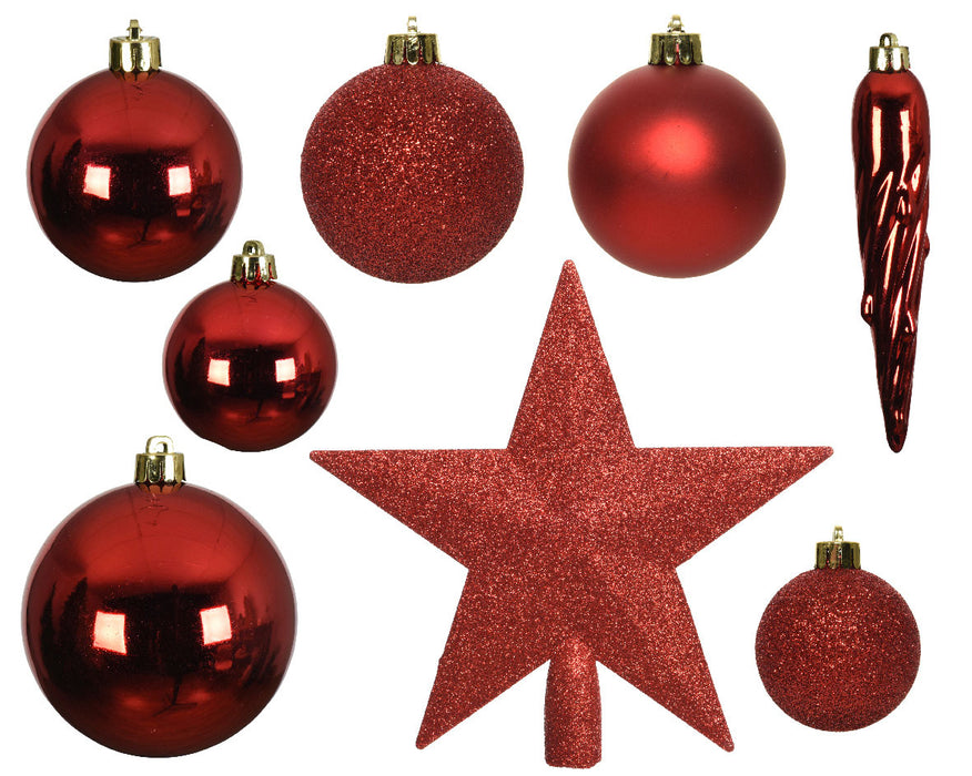KI-generiertes Bild,33 Christbaumkugeln Kunststoff Rot Weihnachtsrot Spitze Stern Weihnachtskugeln