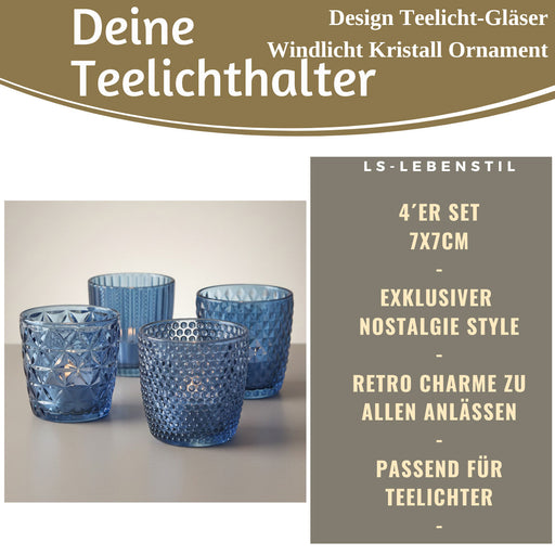 KI-generiertes Bild,4´er Set Glas Teelichthalter Retro Blau 7cm Teelichtglas Windlicht-Halter