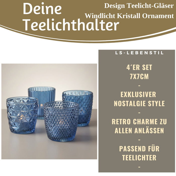 KI-generiertes Bild,4´er Set Glas Teelichthalter Retro Blau 7cm Teelichtglas Windlicht-Halter