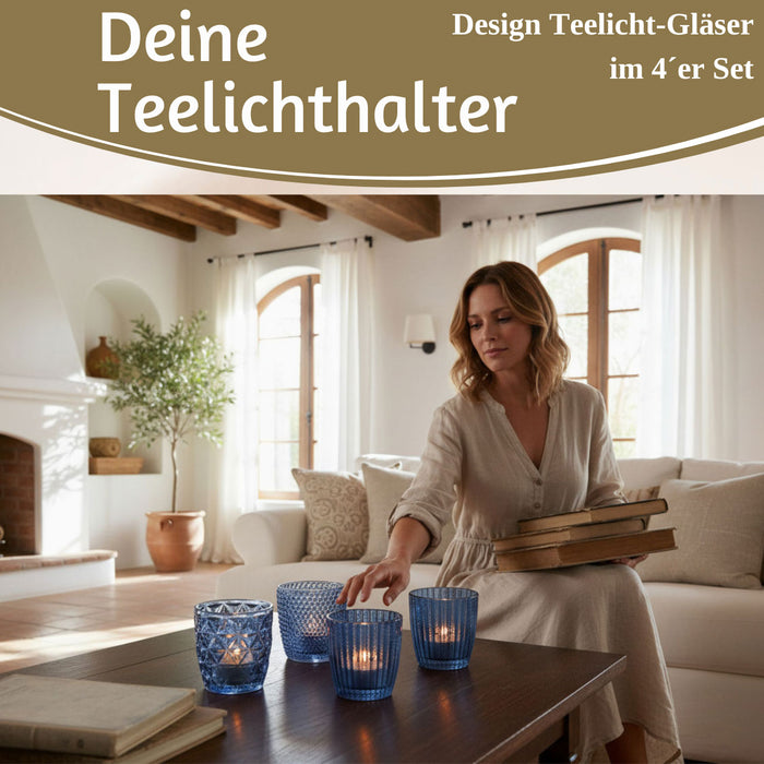 KI-generiertes Bild,4´er Set Glas Teelichthalter Retro Blau 7cm Teelichtglas Windlicht-Halter