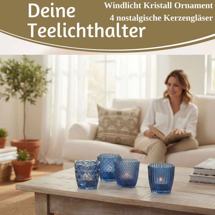 KI-generiertes Bild,4´er Set Glas Teelichthalter Retro Blau 7cm Teelichtglas Windlicht-Halter