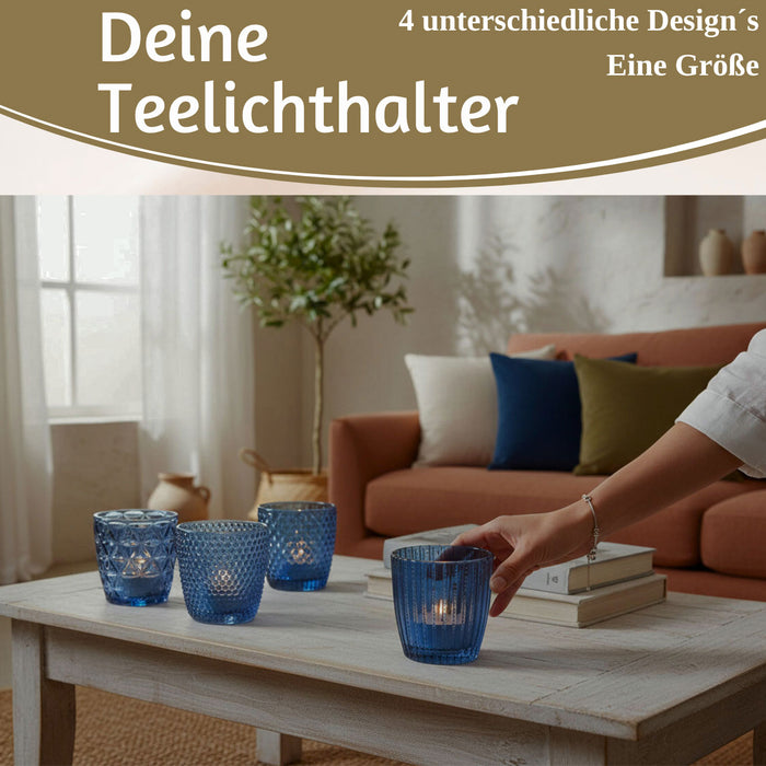 KI-generiertes Bild,4´er Set Glas Teelichthalter Retro Blau 7cm Teelichtglas Windlicht-Halter
