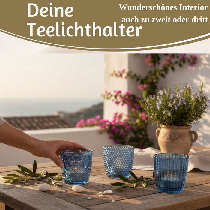 KI-generiertes Bild,4´er Set Glas Teelichthalter Retro Blau 7cm Teelichtglas Windlicht-Halter