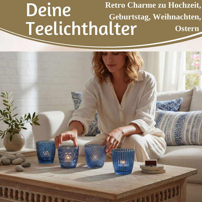 KI-generiertes Bild,4´er Set Glas Teelichthalter Retro Blau 7cm Teelichtglas Windlicht-Halter