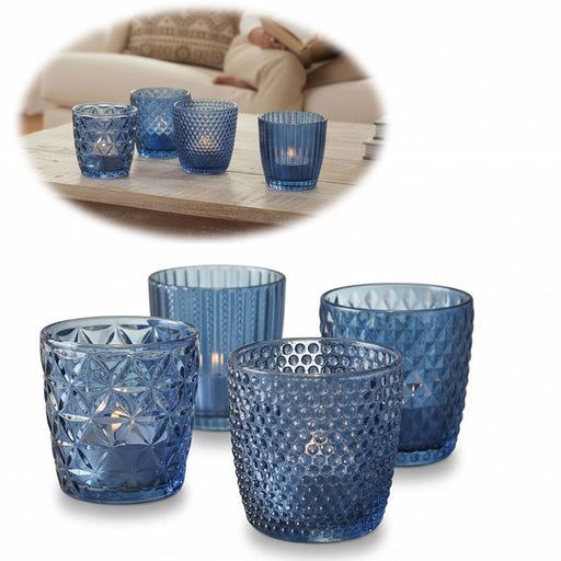 KI-generiertes Bild 4´er Set Glas Teelichthalter Retro Blau 7cm Teelichtglas Windlicht-Halter