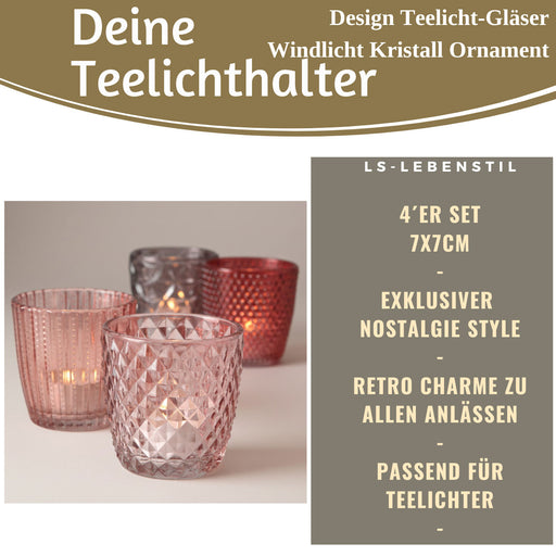 KI-generiertes Bild,4´er Set Glas Teelichthalter Retro Rosa Rose 7cm Teelichtglas Windlicht-Halter