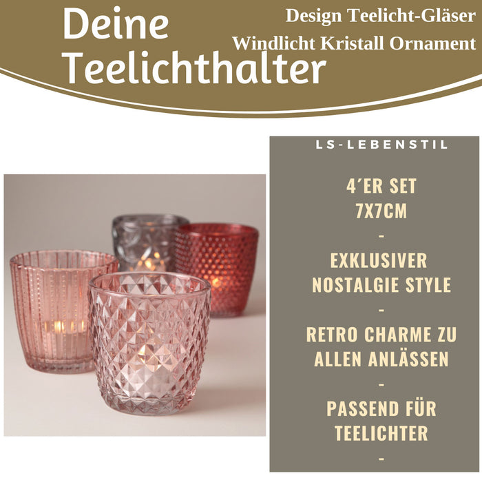 KI-generiertes Bild,4´er Set Glas Teelichthalter Retro Rosa Rose 7cm Teelichtglas Windlicht-Halter