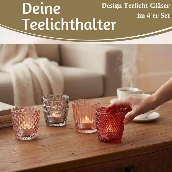KI-generiertes Bild,4´er Set Glas Teelichthalter Retro Rosa Rose 7cm Teelichtglas Windlicht-Halter