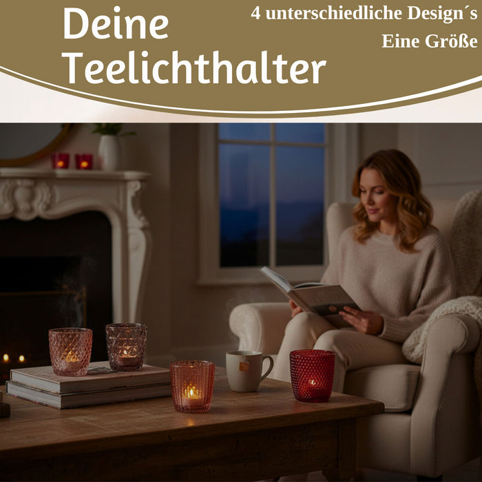 KI-generiertes Bild,4´er Set Glas Teelichthalter Retro Rosa Rose 7cm Teelichtglas Windlicht-Halter