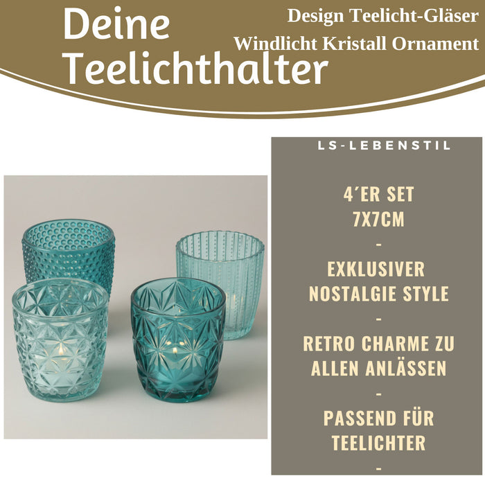 KI-generiertes Bild,4´er Set Glas Teelichthalter Retro Türkis 7cm Teelichtglas Windlichthalter