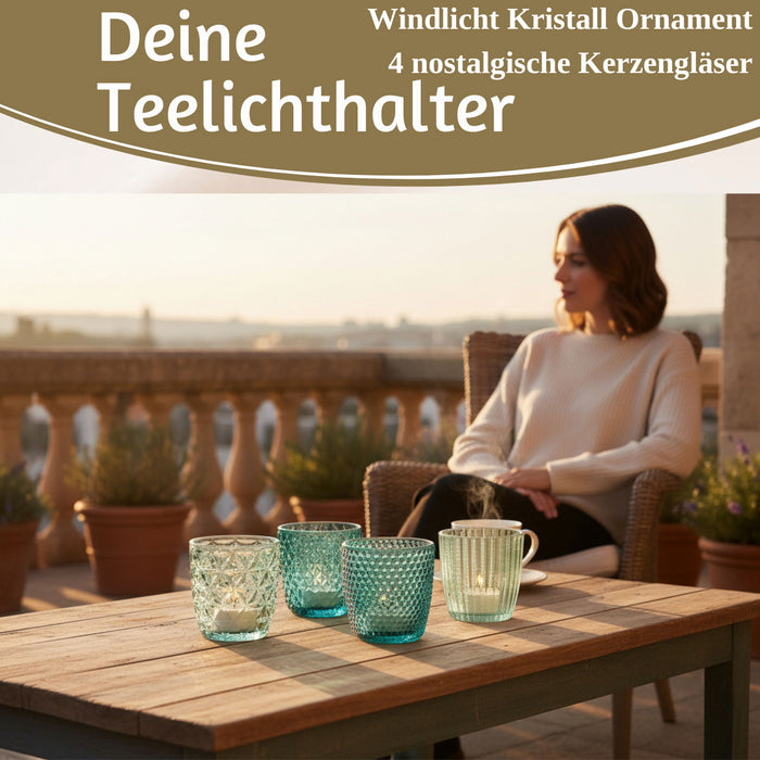 KI-generiertes Bild,4´er Set Glas Teelichthalter Retro Türkis 7cm Teelichtglas Windlichthalter