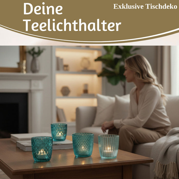 KI-generiertes Bild,4´er Set Glas Teelichthalter Retro Türkis 7cm Teelichtglas Windlichthalter