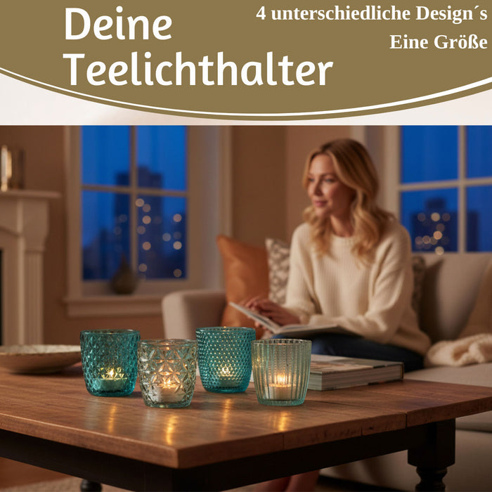 KI-generiertes Bild,4´er Set Glas Teelichthalter Retro Türkis 7cm Teelichtglas Windlichthalter
