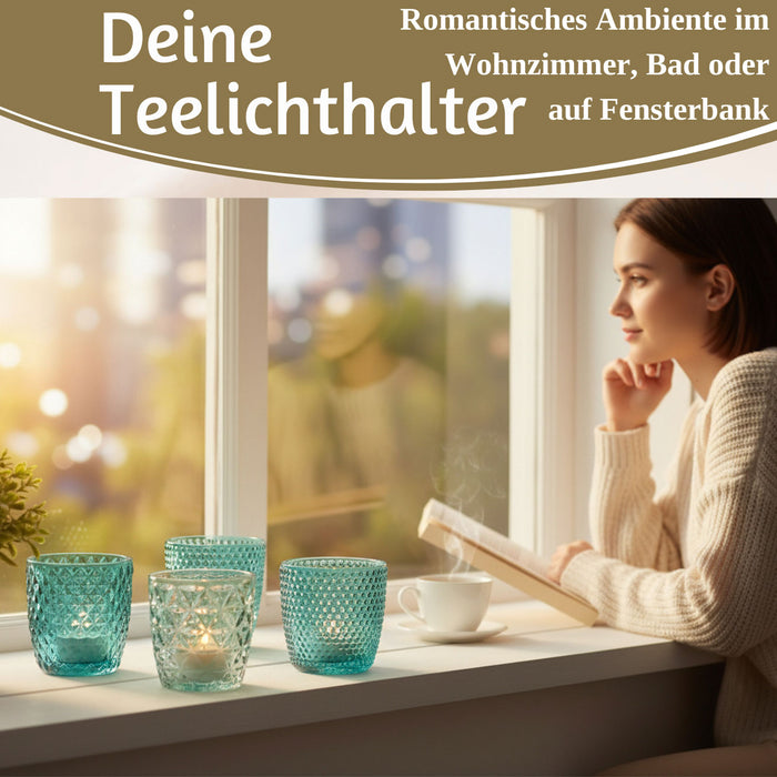 KI-generiertes Bild,4´er Set Glas Teelichthalter Retro Türkis 7cm Teelichtglas Windlichthalter