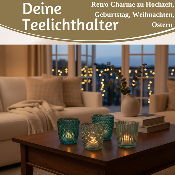 KI-generiertes Bild,4´er Set Glas Teelichthalter Retro Türkis 7cm Teelichtglas Windlichthalter
