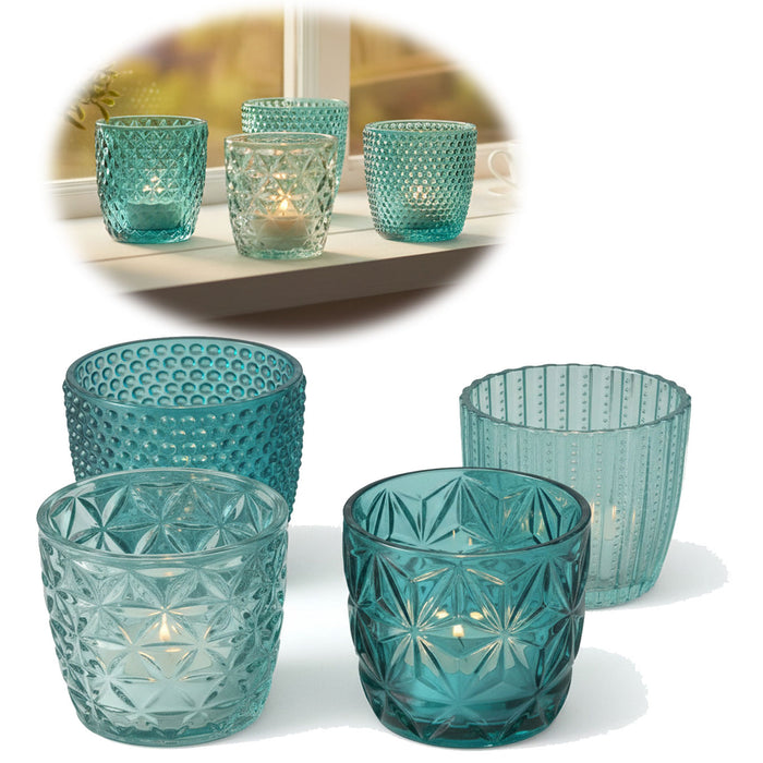 KI-generiertes Bild 4´er Set Glas Teelichthalter Retro Türkis 7cm Teelichtglas Windlichthalter