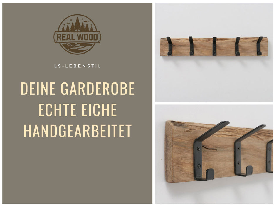 KI-generiertes Bild,Vintage Holz Wandgarderobe 55cm Eiche Braun 5 Haken Jackenhalter Garderobenleiste