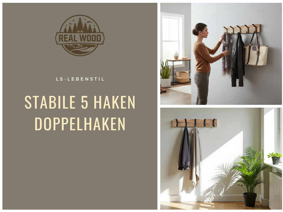 KI-generiertes Bild,Vintage Holz Wandgarderobe 55cm Eiche Braun 5 Haken Jackenhalter Garderobenleiste