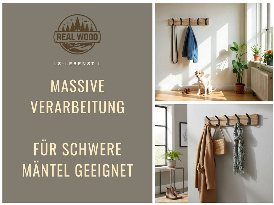 KI-generiertes Bild,Vintage Holz Wandgarderobe 55cm Eiche Braun 5 Haken Jackenhalter Garderobenleiste