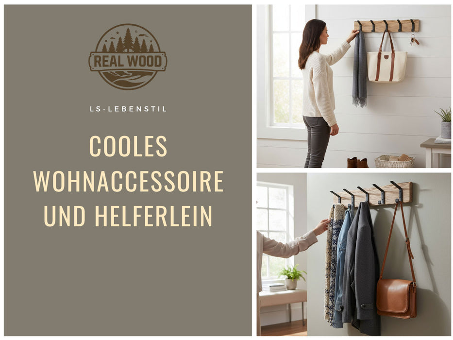 KI-generiertes Bild,Vintage Holz Wandgarderobe 55cm Eiche Braun 5 Haken Jackenhalter Garderobenleiste