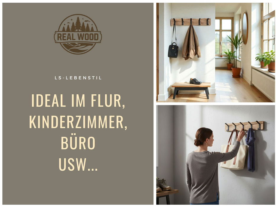 KI-generiertes Bild,Vintage Holz Wandgarderobe 55cm Eiche Braun 5 Haken Jackenhalter Garderobenleiste