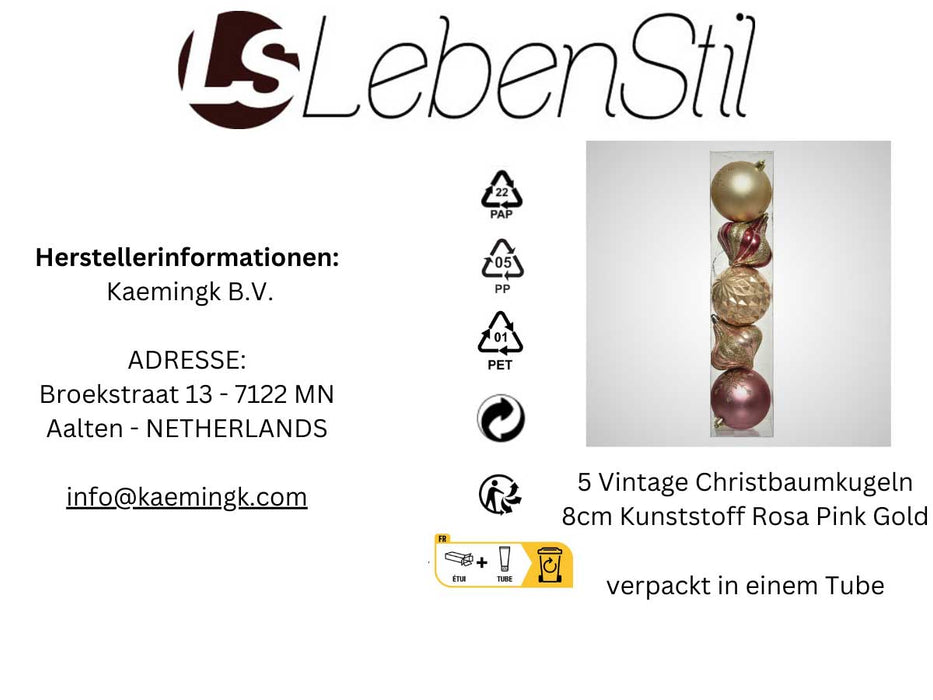 KI-generiertes Bild,5 Vintage Christbaumkugeln 8cm Kunststoff Rosa Pink Gold Weihnachtskugeln