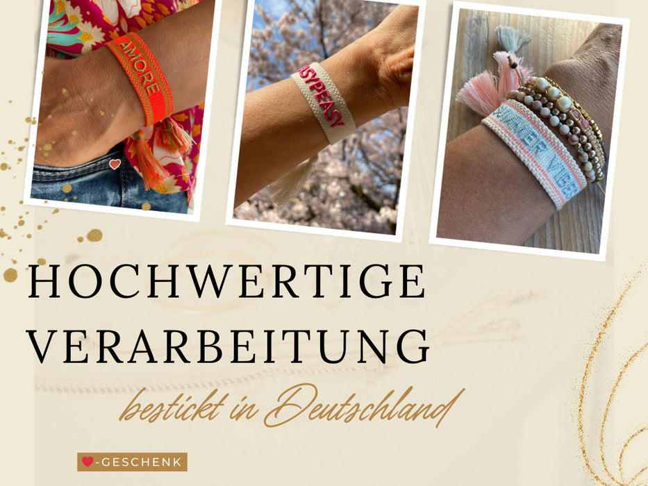 KI-generiertes Bild,Canvas Statement Armband Happiness Gelb Pink Quasten besticktes Webarmband