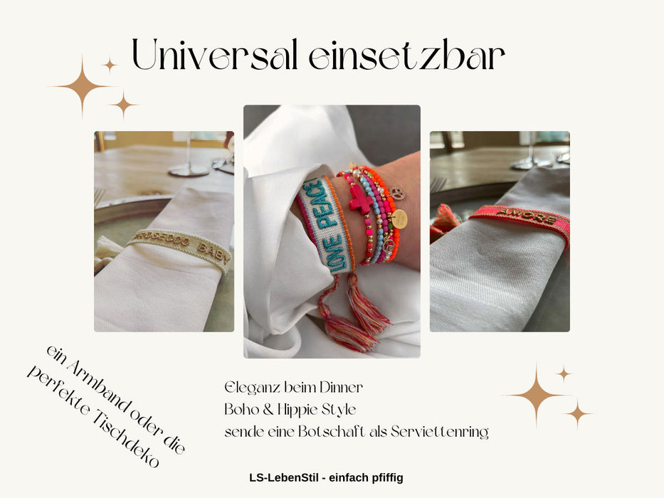 KI-generiertes Bild,Canvas Statement Armband J'ADORE Gold Quasten besticktes Webarmband