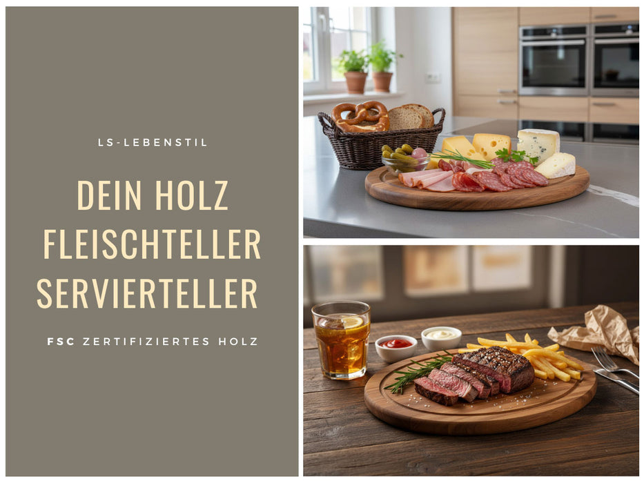 KI-generiertes Bild,Holz Fleischteller Servierteller 25cm Akazie Rund Schneidebrett Vesperbrett